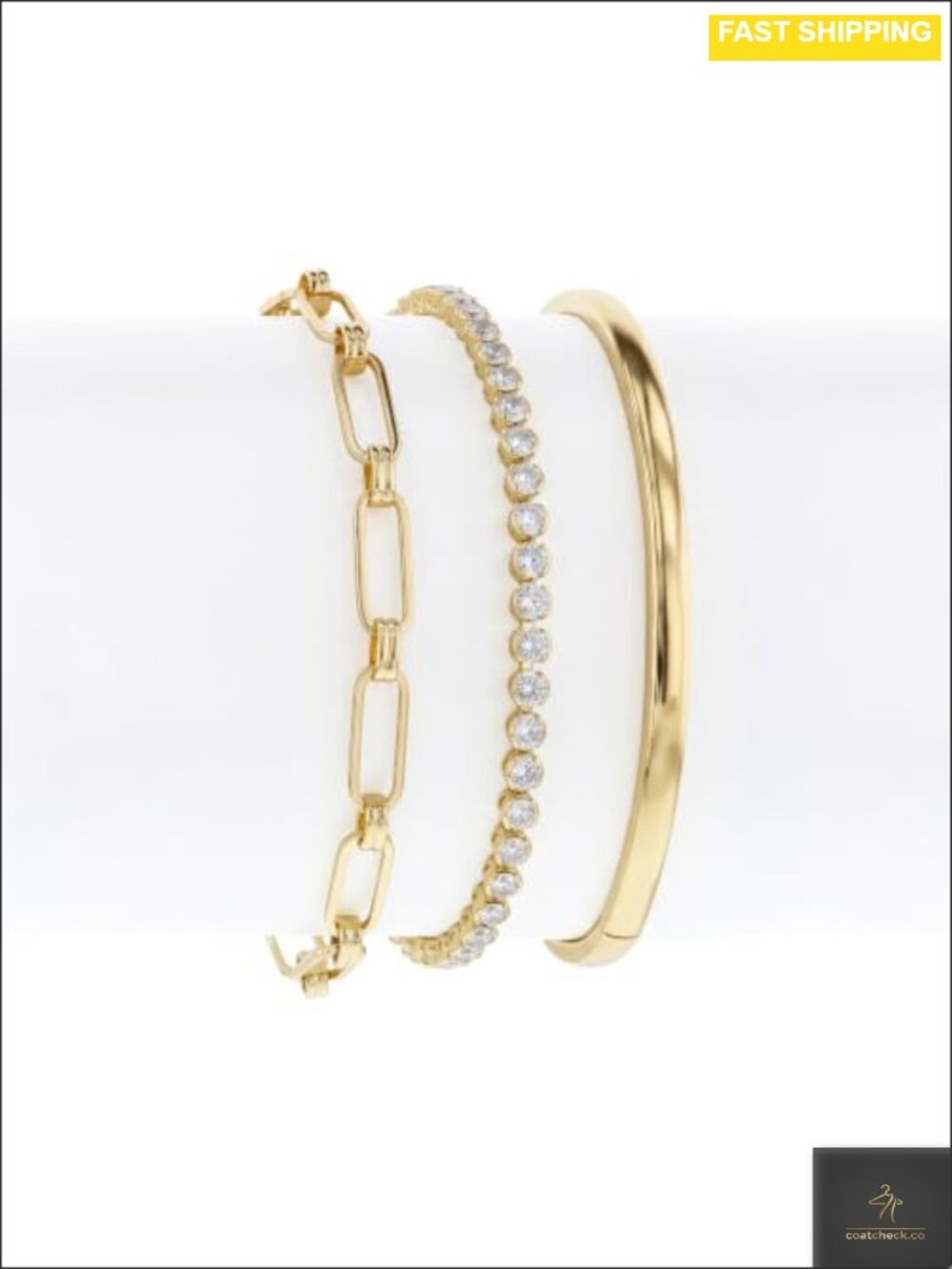 14K Yellow Gold Plated Waterproof Bangle CZ Bracelet Set 3 Stackable
